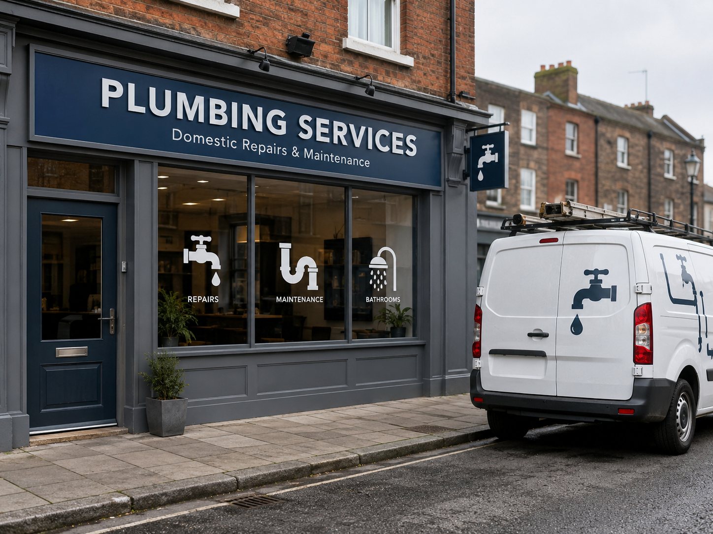 Plumbing services storefront and work van
